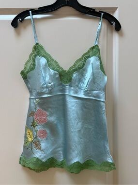 Gold Hawk 100% Silk Camisole Dream Blue with Green Lace & Pink Floral Embroidery